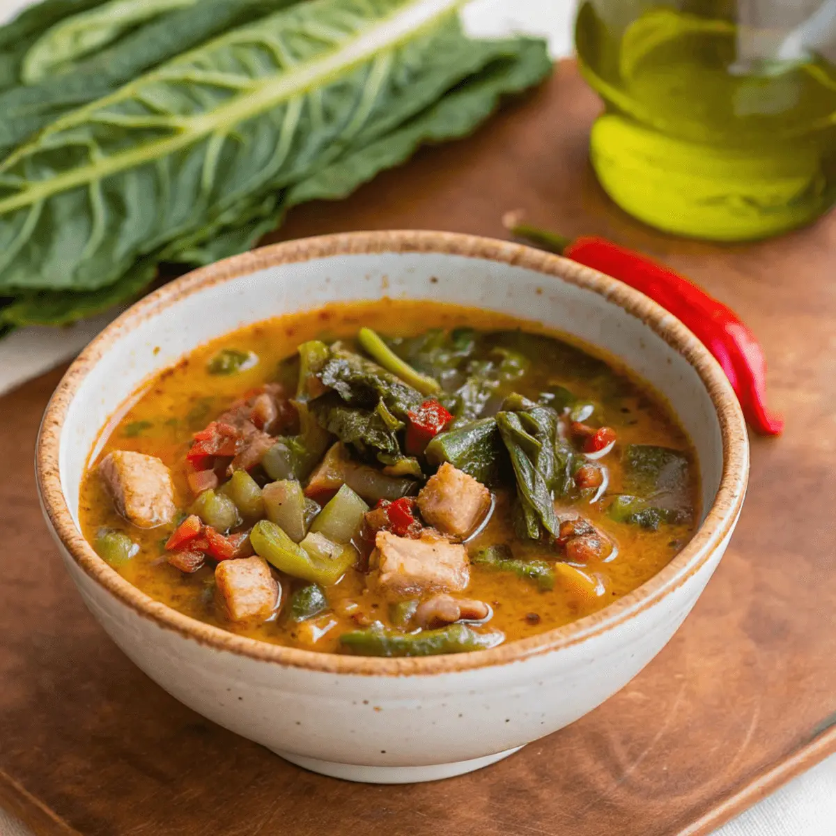 A steaming bowl of turnip green soup served alongside fresh turnip greens and a jar of tangy hot pepper vinegar.