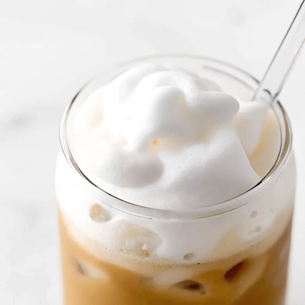 tall glass of iced coffee with cold foam