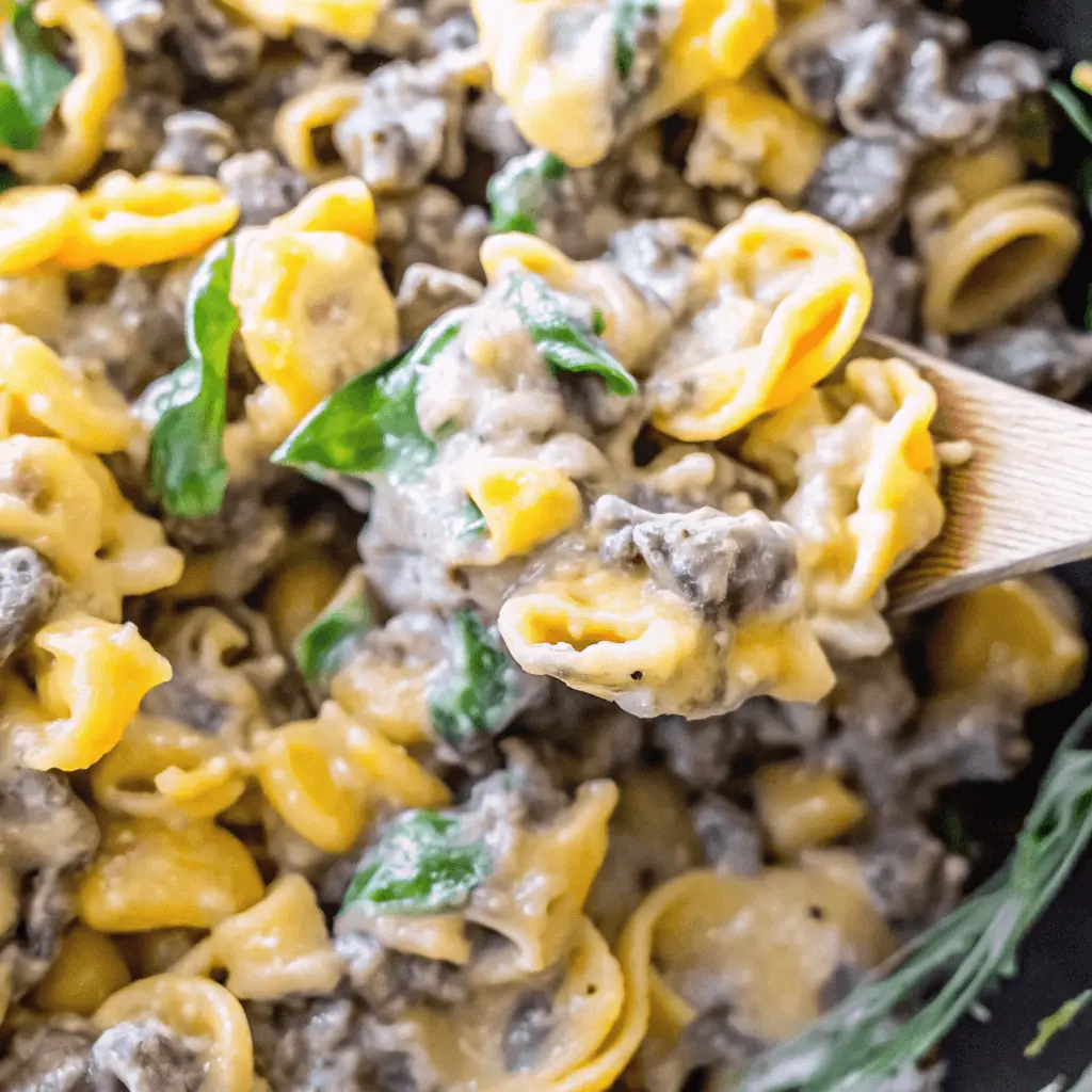 philly cheesesteak tortellini with provolone sauce